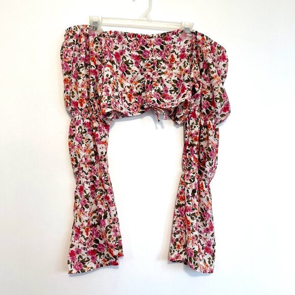 ALMOST FAMOUS Cream Ivory Pink Floral Off the Shoulder Long Bell Sleeve Crop Top - Picture 1 of 12
